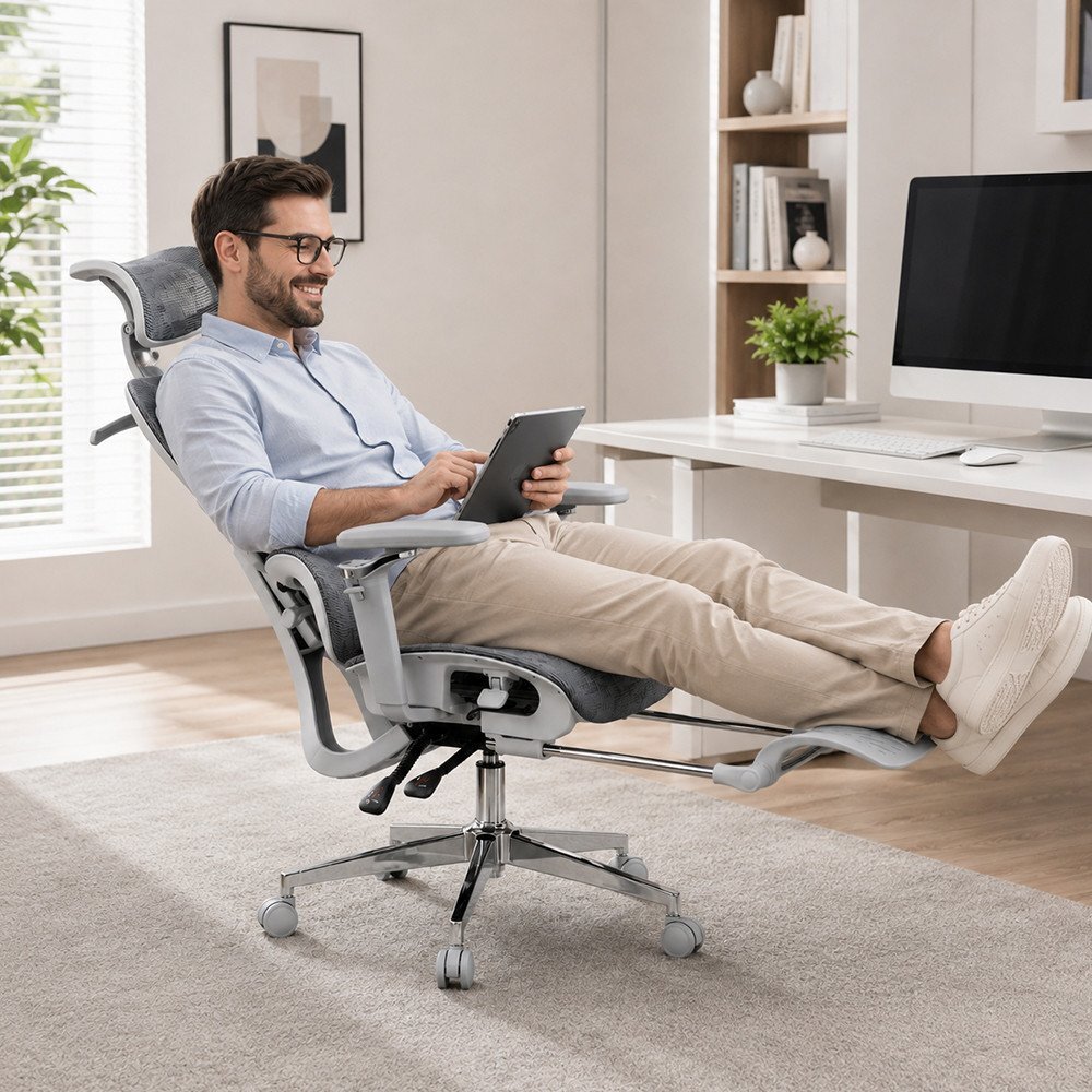 Procart Scaun ergonomic de birou sezut reglabil pe adancime cotiere 5d spatar si tetiera reglabile suport picioare mesh culoare gri