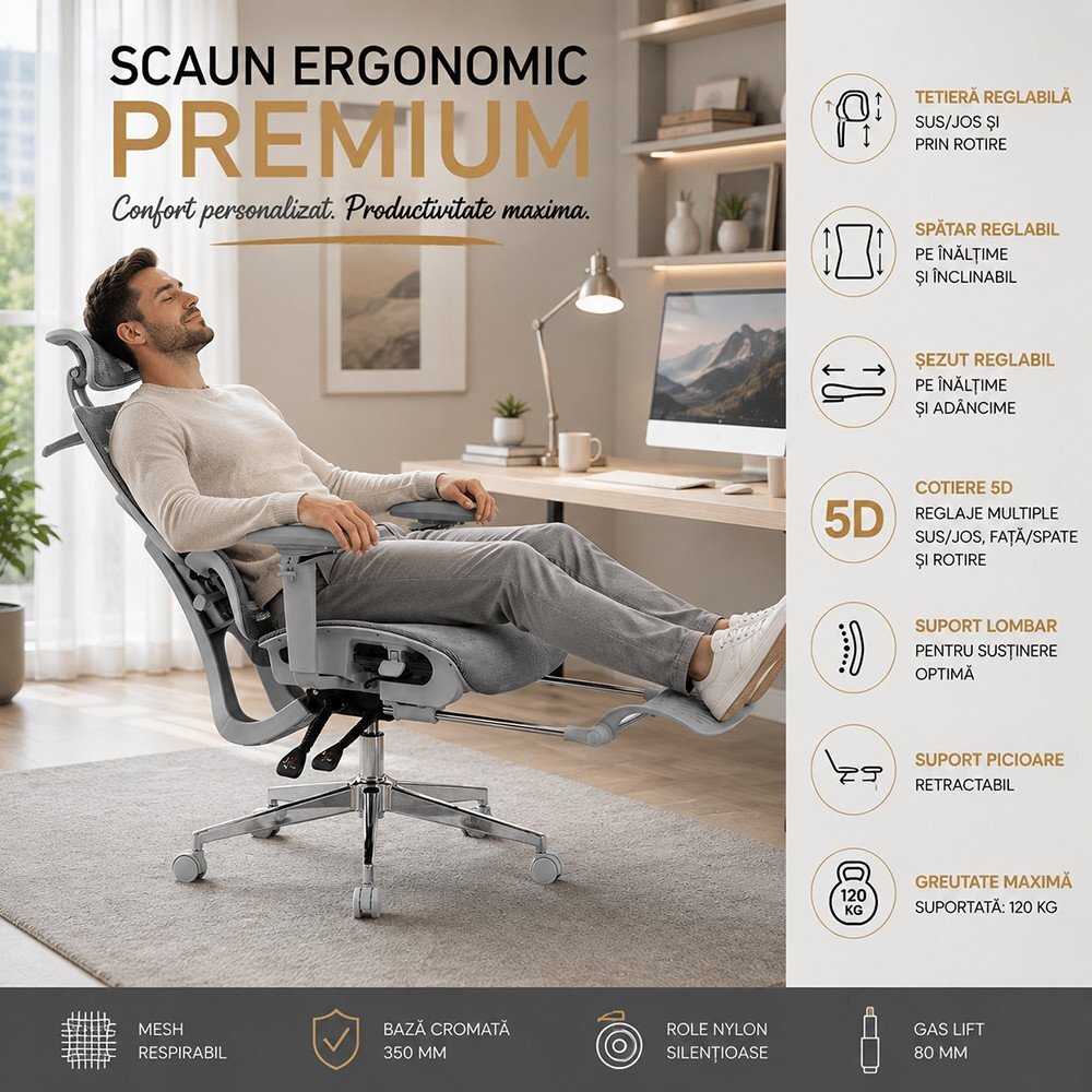Procart Scaun ergonomic de birou sezut reglabil pe adancime cotiere 5d spatar si tetiera reglabile suport picioare mesh culoare gri