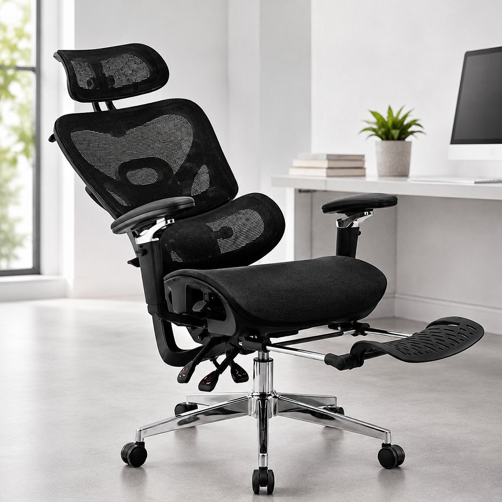 Procart Scaun ergonomic de birou sezut reglabil pe adancime cotiere 5d spatar si tetiera reglabile suport picioare mesh culoare negru