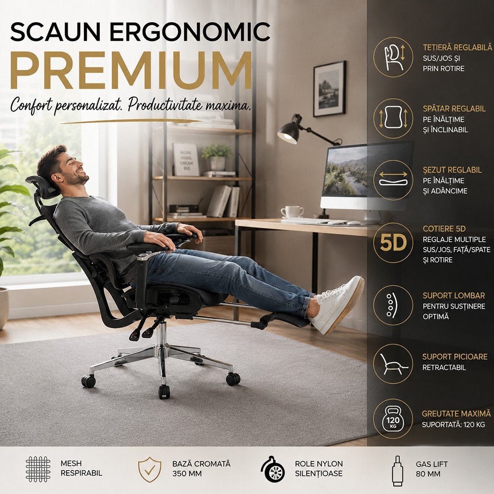 Procart Scaun ergonomic de birou sezut reglabil pe adancime cotiere 5d spatar si tetiera reglabile suport picioare mesh culoare negru