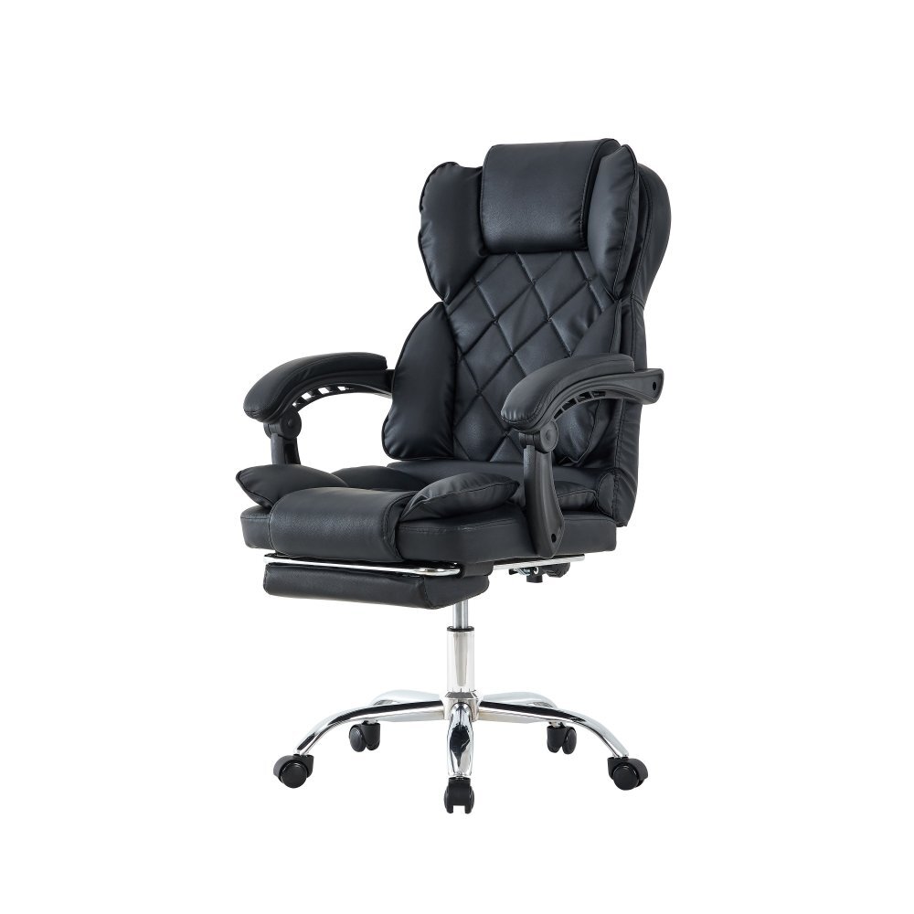 Procart Scaun negru de birou suport picioare spatar rabatabil pivotant la 360 grade cotiere buretate piele ecologica