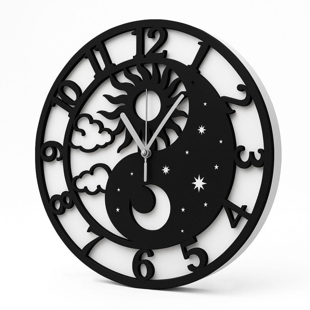 Promotional Print Ceas de perete model Yin Yang cu Soarele si Luna stil Feng Shui material MDF diametru 30 cm