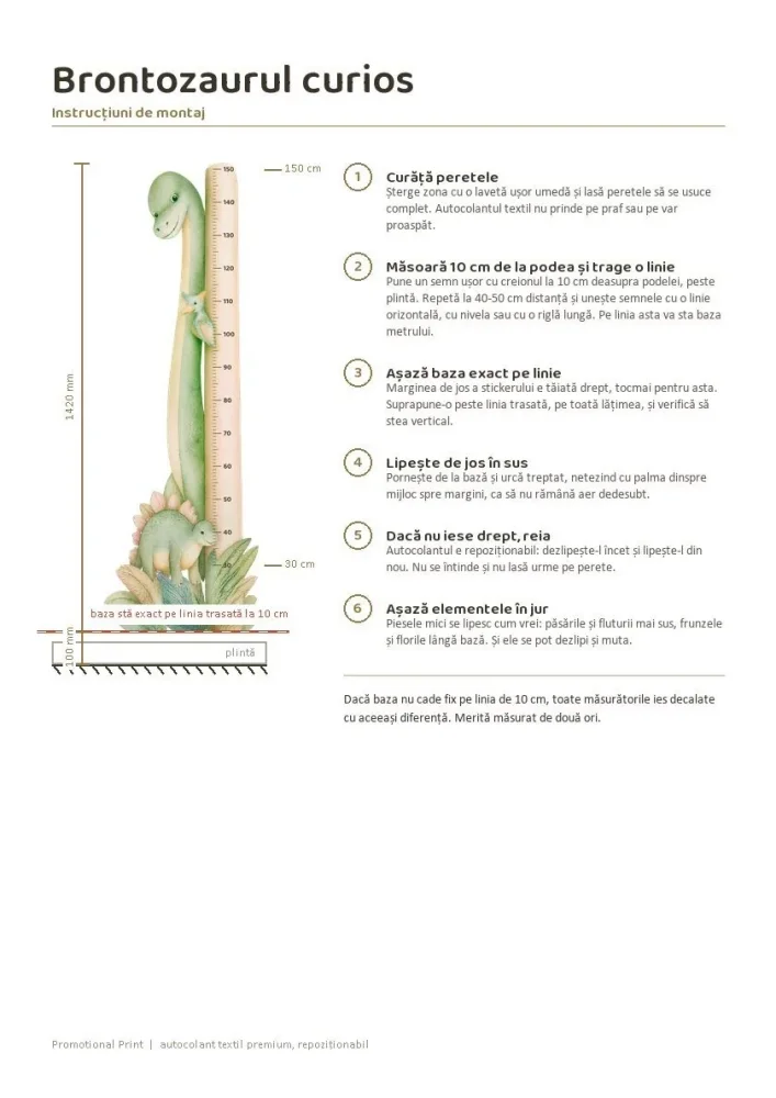 Promotional Print Metru de masurat copii Brontozaurul curios Autocolant Textil Premium Repozitionabil 47x142 cm