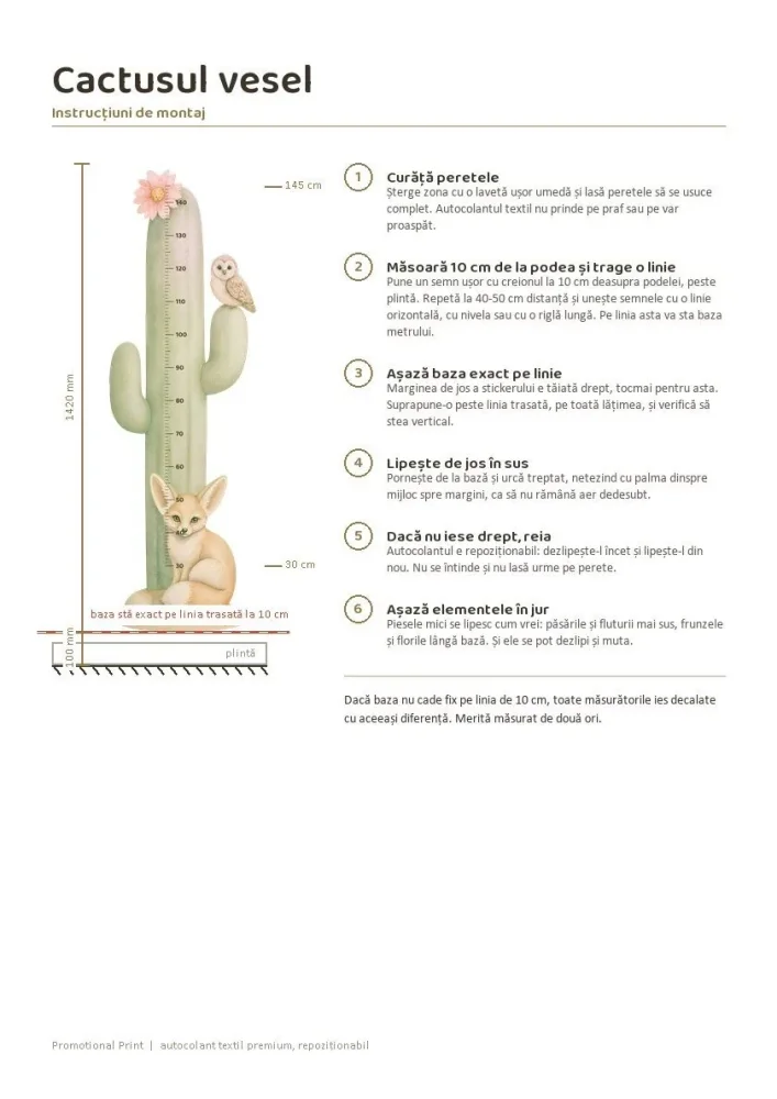 Promotional Print Metru de masurat copii Cactusul vesel autocolant textil Premium repozitionabil 47x142 cm