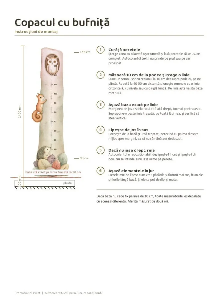 Promotional Print Metru de masurat copii Copacul cu bufnita autocolant textil Premium repozitionabil 47x142 cm