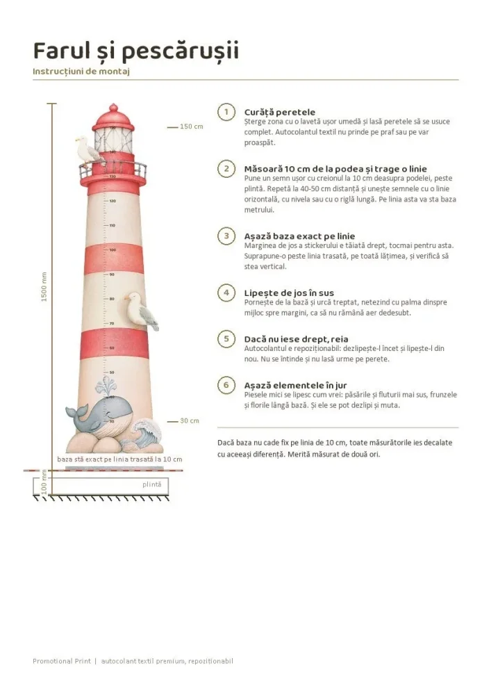 Promotional Print Metru de masurat copii Farul si pescarusii autocolant textil Premium repozitionabil 40x150 cm