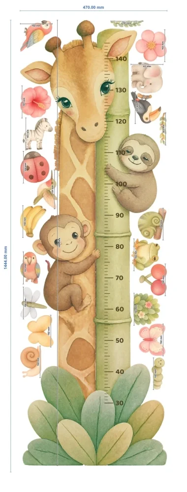 Promotional Print Metru de masurat copii Girafa curioasa autocolant textil Premium repozitionabil 47x142 cm