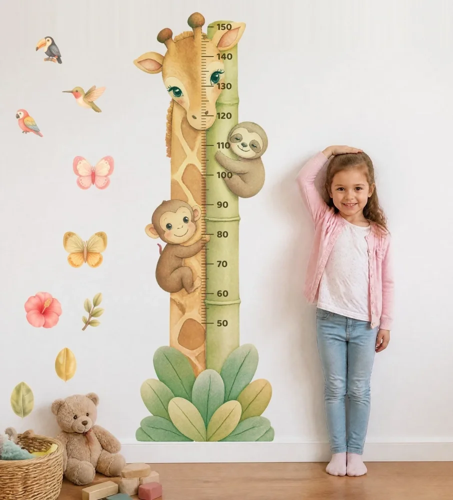 Promotional Print Metru de masurat copii Girafa curioasa autocolant textil Premium repozitionabil 47x142 cm