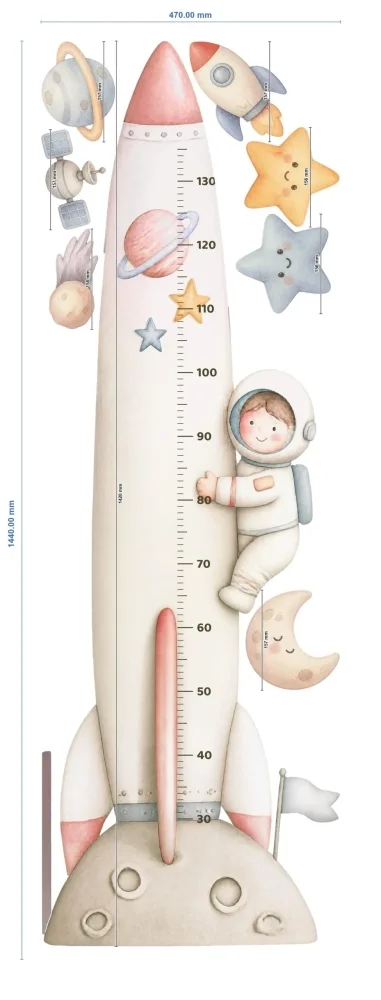 Promotional Print Metru de masurat copii Nava spatiala si astronautul autocolant textil Premium repozitionabil 47x142 cm