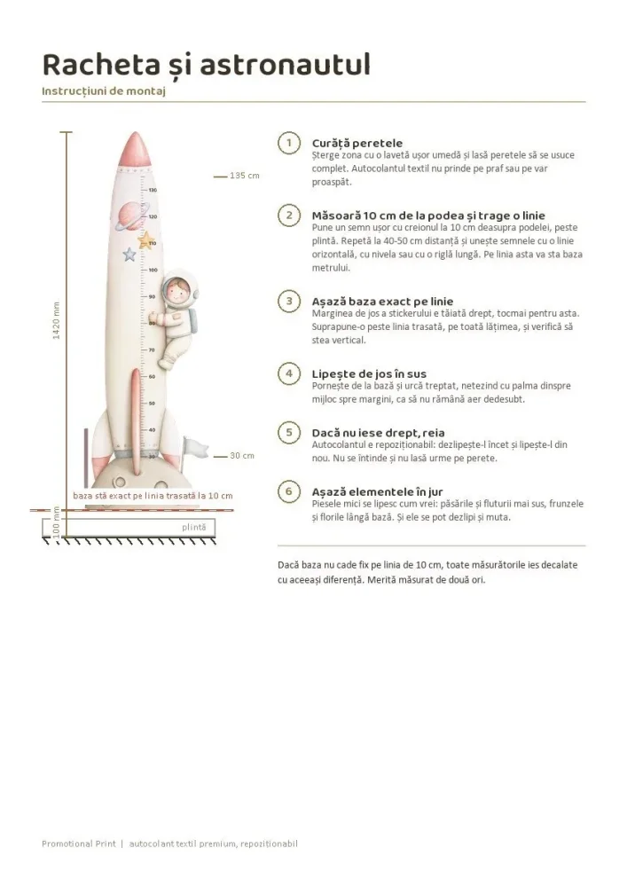Promotional Print Metru de masurat copii Nava spatiala si astronautul autocolant textil Premium repozitionabil 47x142 cm