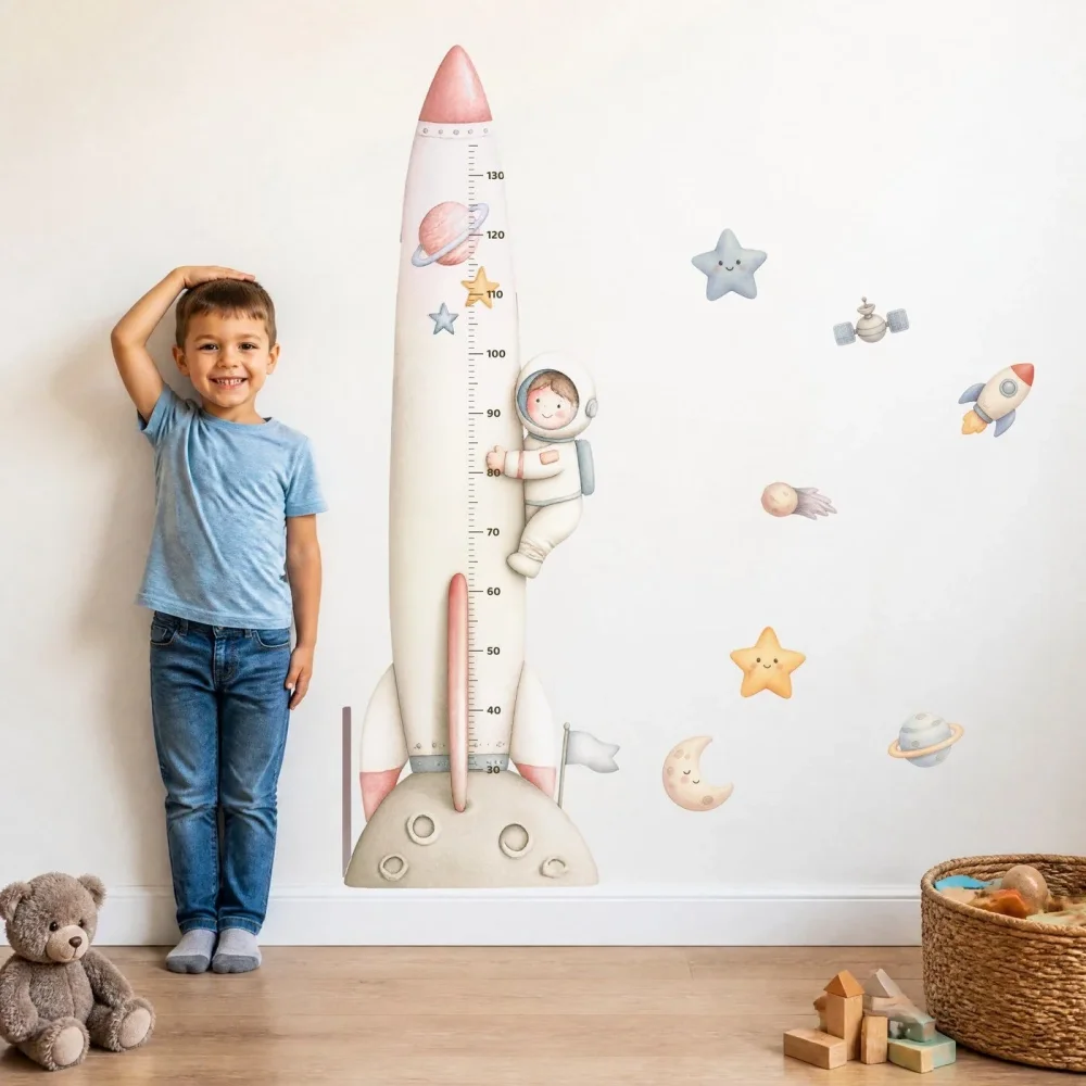 Promotional Print Metru de masurat copii Nava spatiala si astronautul autocolant textil Premium repozitionabil 47x142 cm