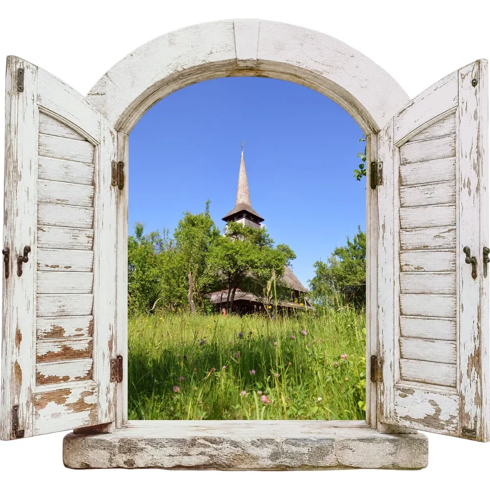 Promotional Print Sticker perete 3D Biserica din Barsana autocolant textil Premium repozitionabil 51x47 cm