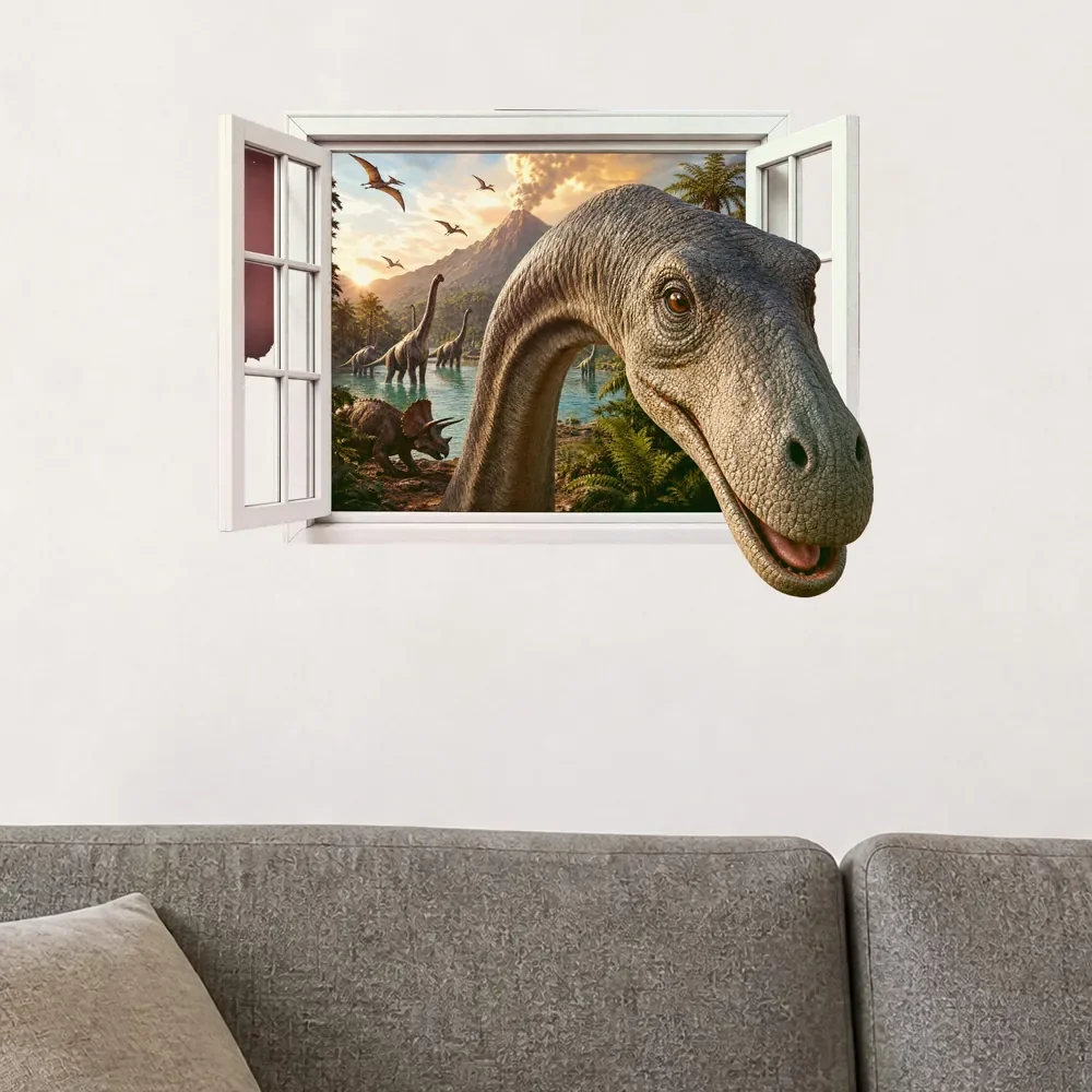 Promotional Print Sticker perete 3D Dinozaur prin geam autocolant textil Premium repozitionabil 60x45 cm