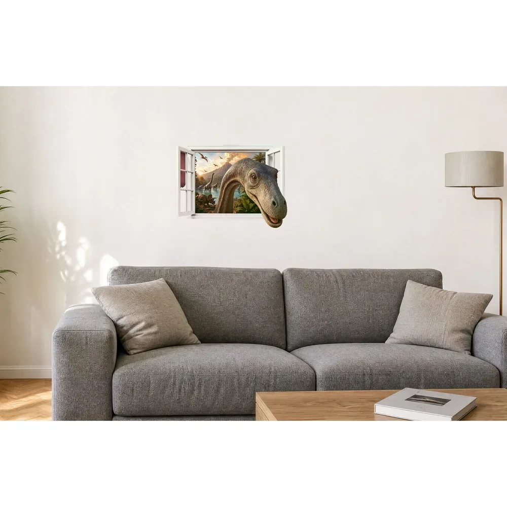 Promotional Print Sticker perete 3D Dinozaur prin geam autocolant textil Premium repozitionabil 60x45 cm