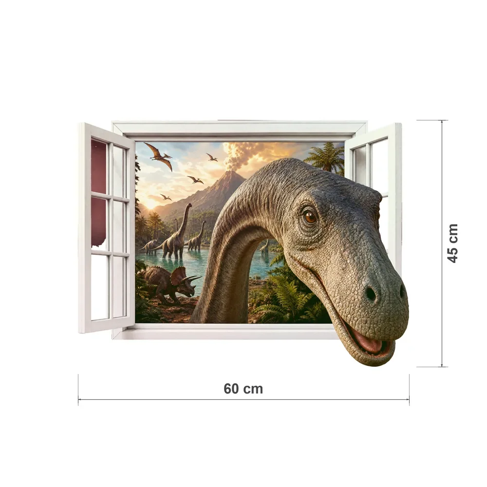 Promotional Print Sticker perete 3D Dinozaur prin geam autocolant textil Premium repozitionabil 60x45 cm