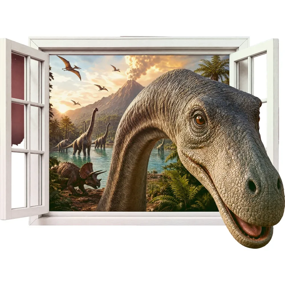 Promotional Print Sticker perete 3D Dinozaur prin geam autocolant textil Premium repozitionabil 60x45 cm