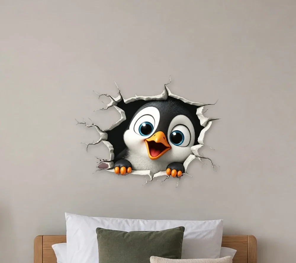 Promotional Print Sticker perete 3D Pinguin autocolant textil Premium repozitionabil 60x46 cm