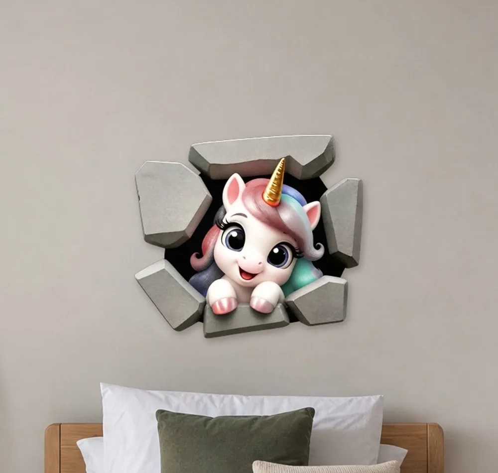Promotional Print Sticker perete 3D Unicorn autocolant textil Premium repozitionabil 53x47 cm