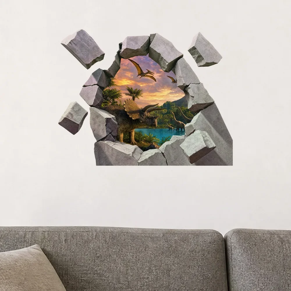 Promotional Print Sticker perete 3D Vulcan cu dinozauri autocolant textil Premium repozitionabil 53x46 cm