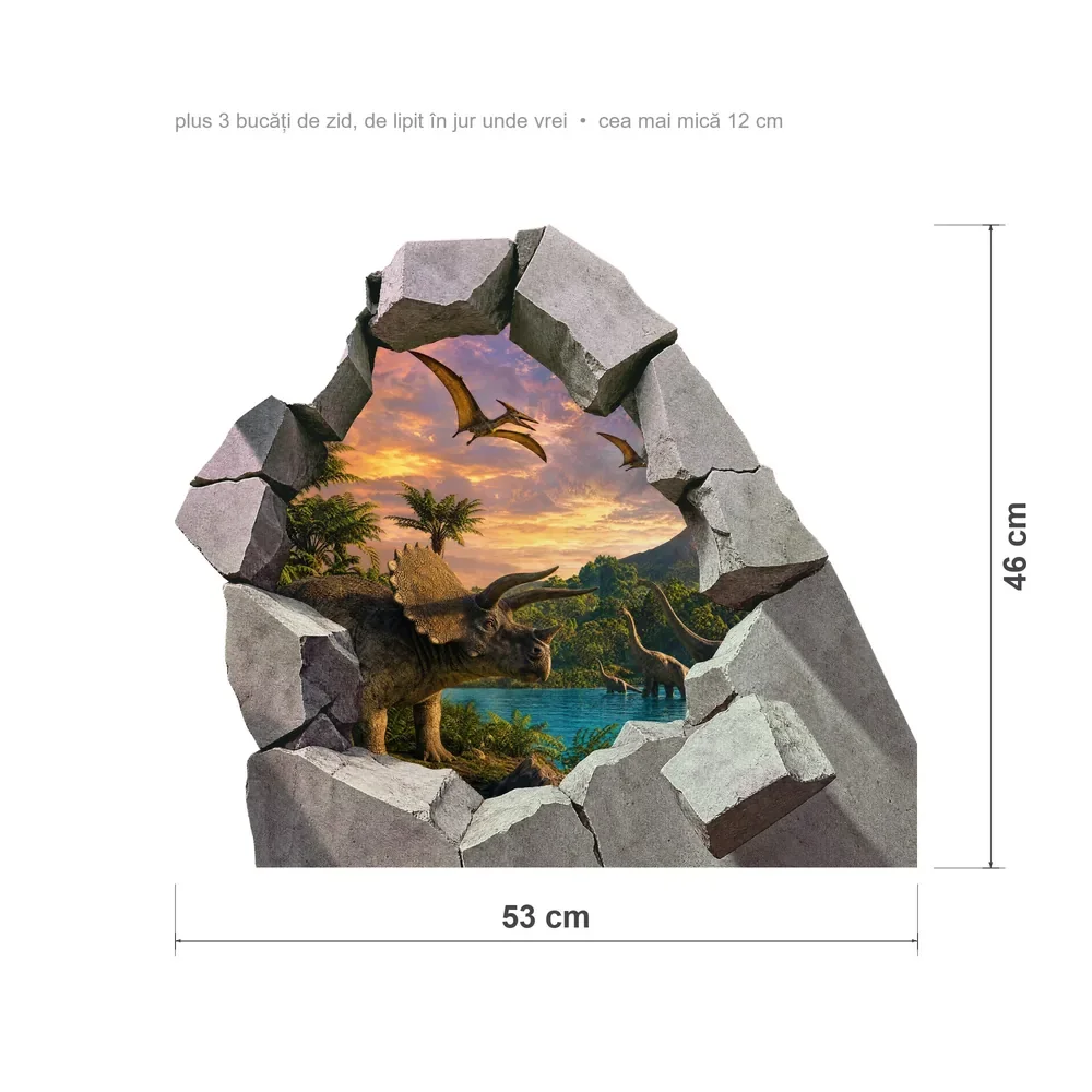 Promotional Print Sticker perete 3D Vulcan cu dinozauri autocolant textil Premium repozitionabil 53x46 cm