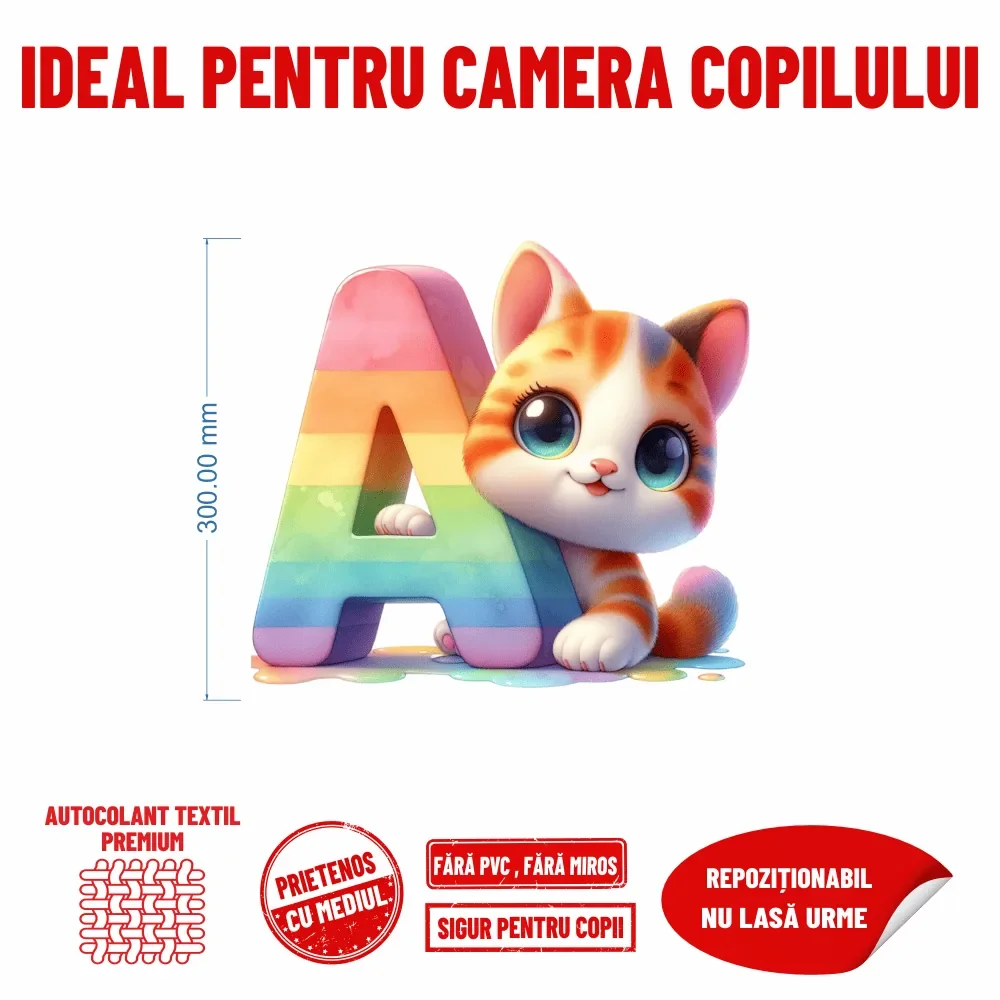 Promotional Print Sticker perete cu litera A si pisicuta pentru camera copilului