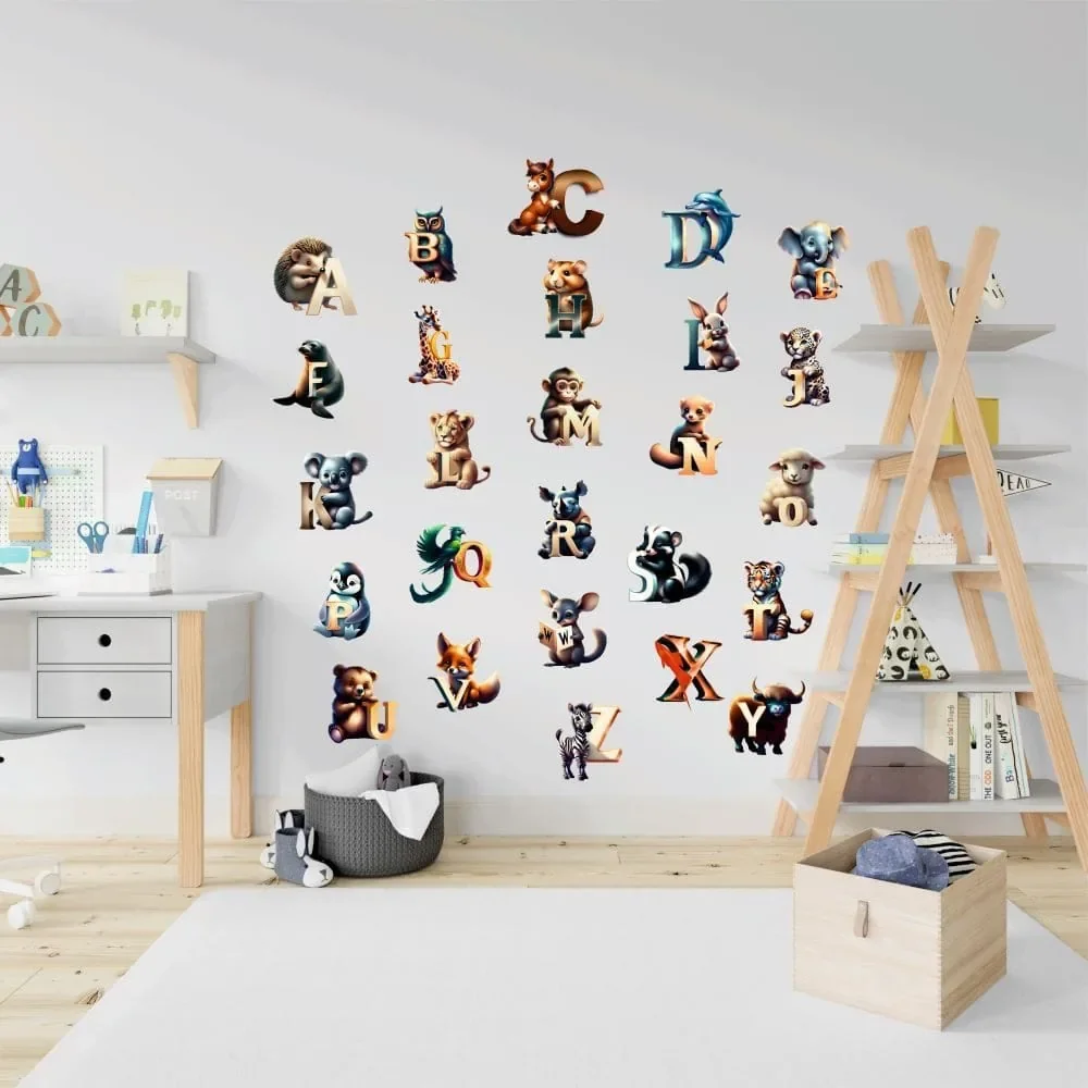 Promotional Print Stickere perete Alfabetul cu Animale pentru camera copilului 26 piese autocolant textil premium repozitionabil