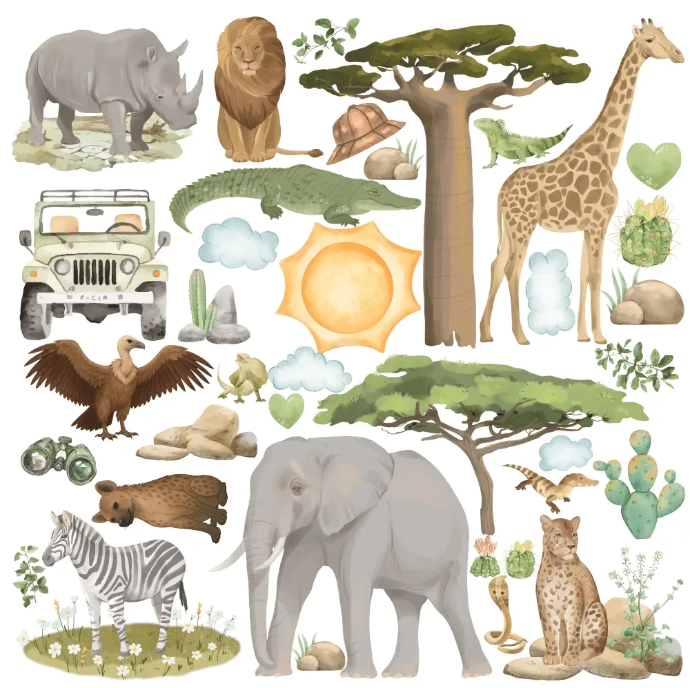 Promotional Print Stickere perete Animale Africa Safari pentru camera copilului 37 piese autocolant textil premium repozitionabil