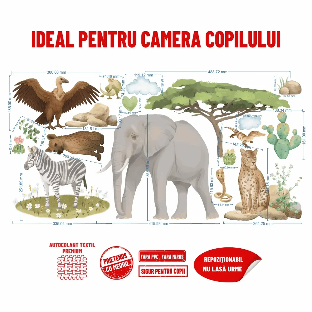 Promotional Print Stickere perete Animale Africa Safari pentru camera copilului 37 piese autocolant textil premium repozitionabil