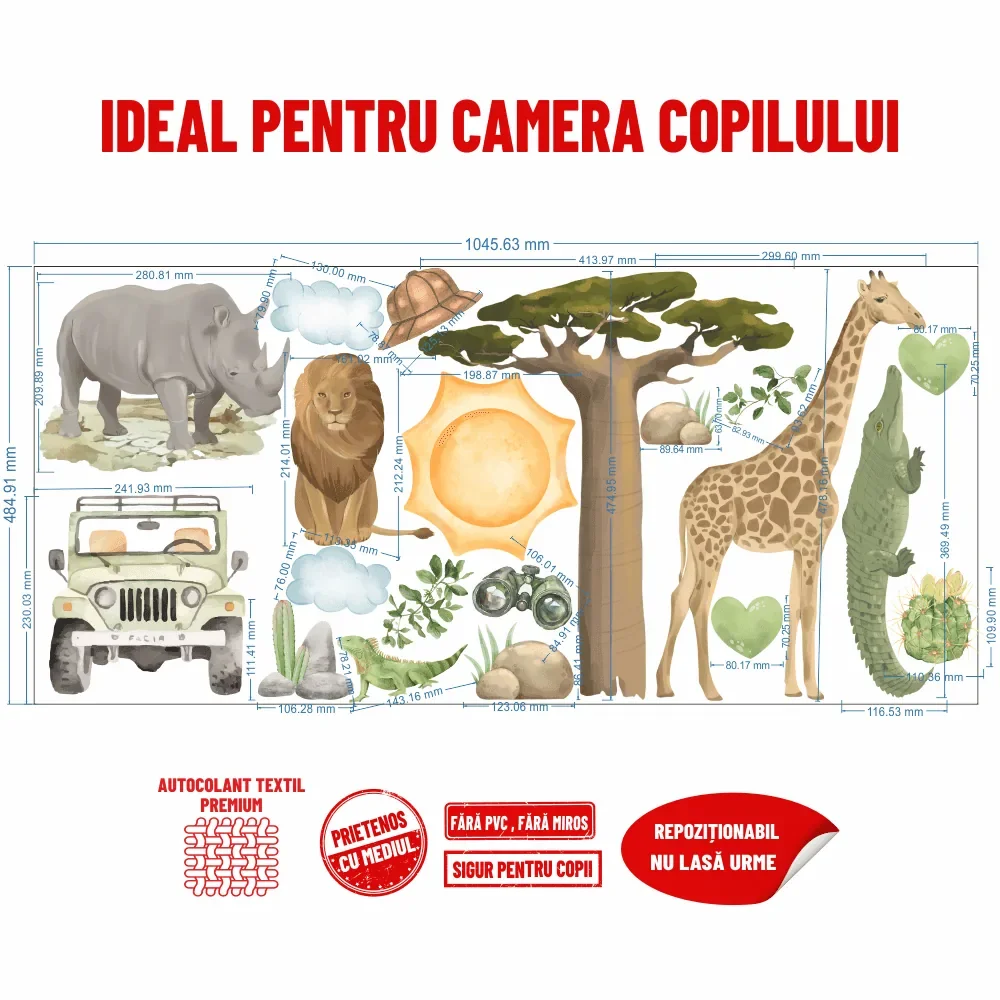 Promotional Print Stickere perete Animale Africa Safari pentru camera copilului 37 piese autocolant textil premium repozitionabil