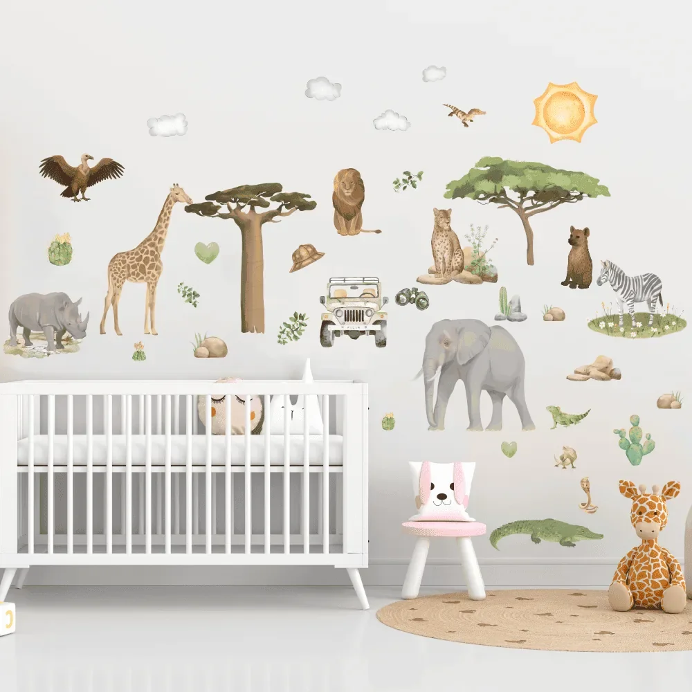 Promotional Print Stickere perete Animale Africa Safari pentru camera copilului 37 piese autocolant textil premium repozitionabil