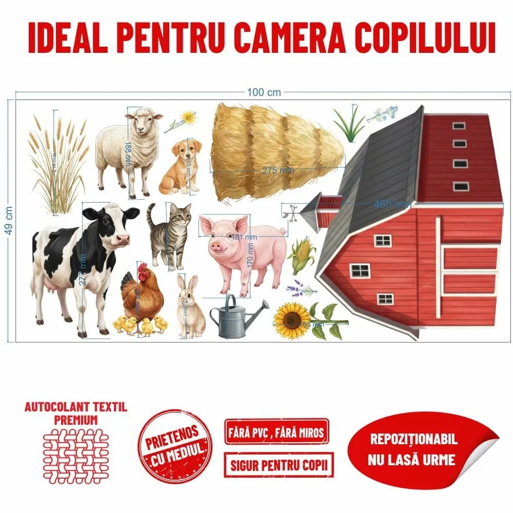 Promotional Print Stickere perete Animale de la Ferma pentru camera copilului autocolant textil premium repozitionabil set mare