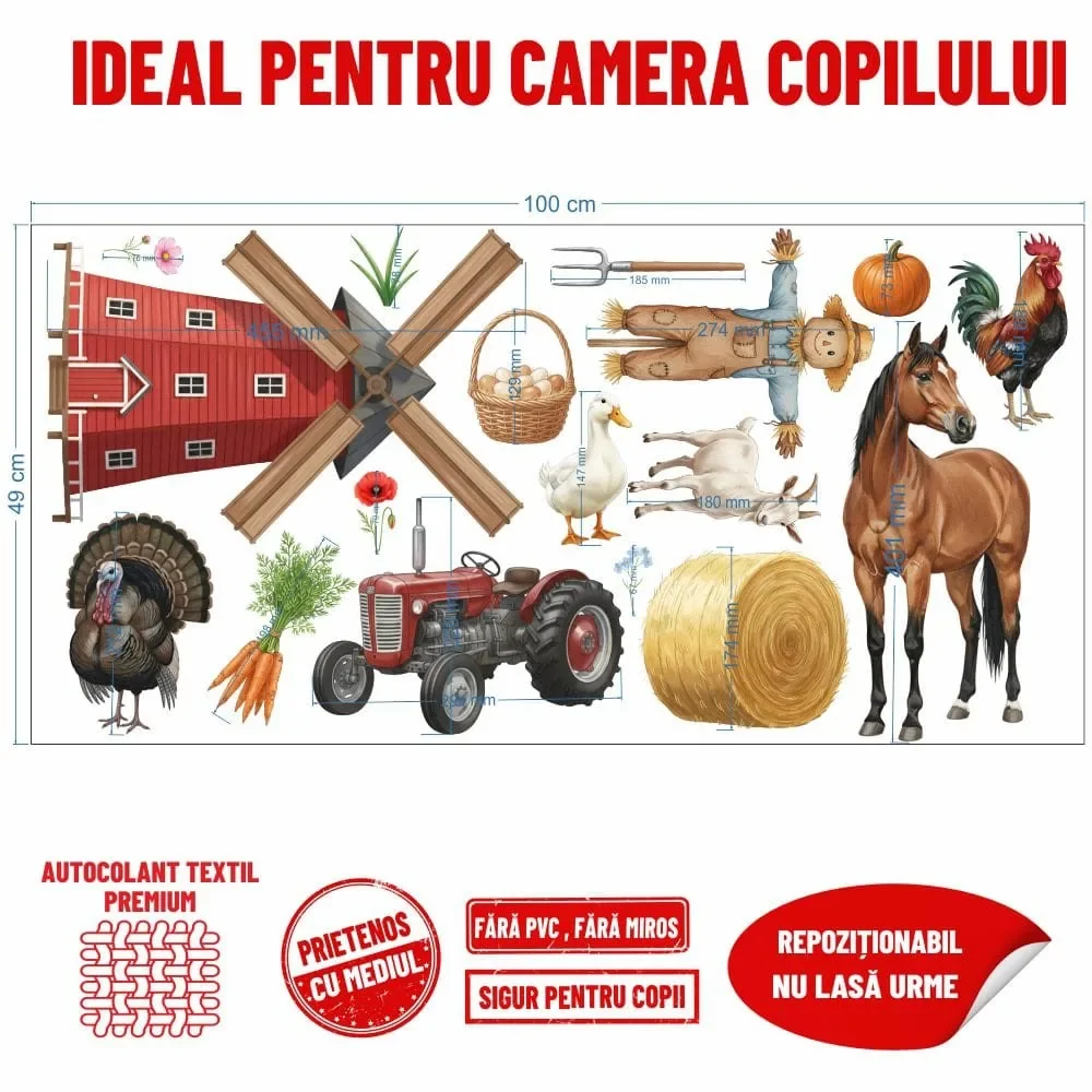 Promotional Print Stickere perete Animale de la Ferma pentru camera copilului autocolant textil premium repozitionabil set mare
