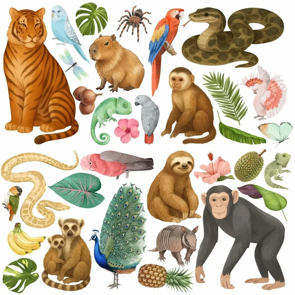 Promotional Print Stickere perete Animale din Jungla pentru camera copilului autocolant textil premium repozitionabil set mare