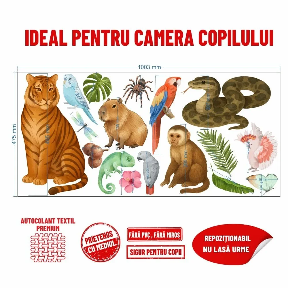Promotional Print Stickere perete Animale din Jungla pentru camera copilului autocolant textil premium repozitionabil set mare