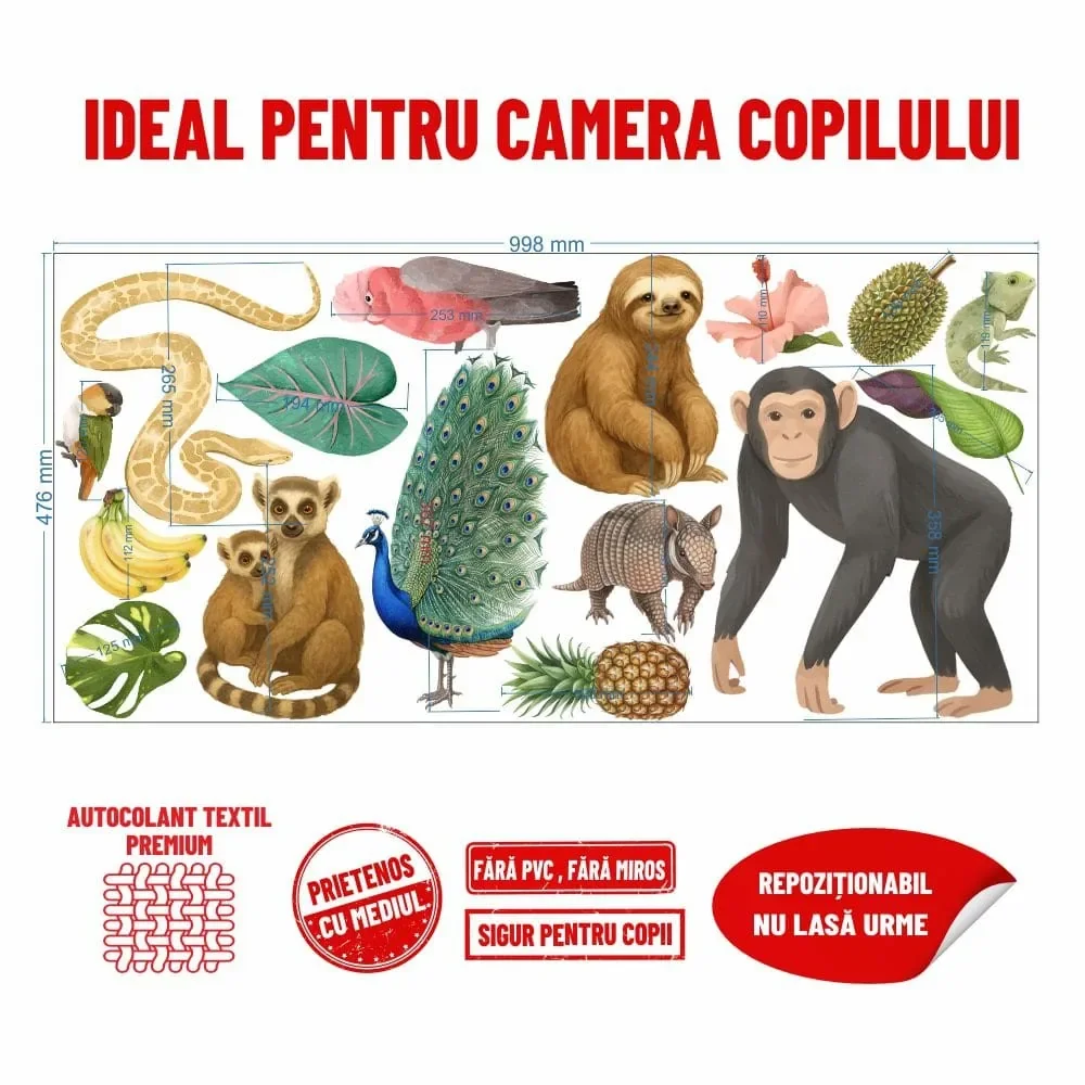 Promotional Print Stickere perete Animale din Jungla pentru camera copilului autocolant textil premium repozitionabil set mare