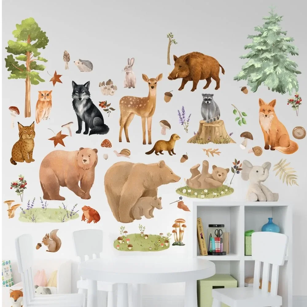 Promotional Print Stickere perete Animale din Padure pentru camera copilului autocolant textil premium repozitionabil set mare