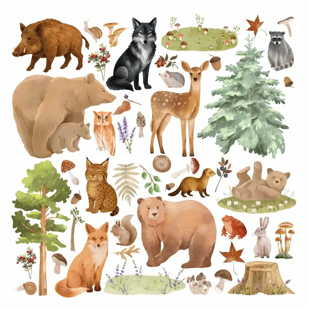 Promotional Print Stickere perete Animale din Padure pentru camera copilului autocolant textil premium repozitionabil set mare