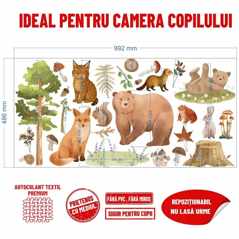 Promotional Print Stickere perete Animale din Padure pentru camera copilului autocolant textil premium repozitionabil set mare