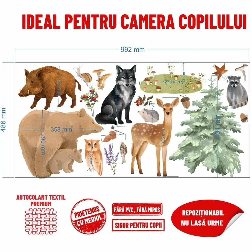 Promotional Print Stickere perete Animale din Padure pentru camera copilului autocolant textil premium repozitionabil set mare