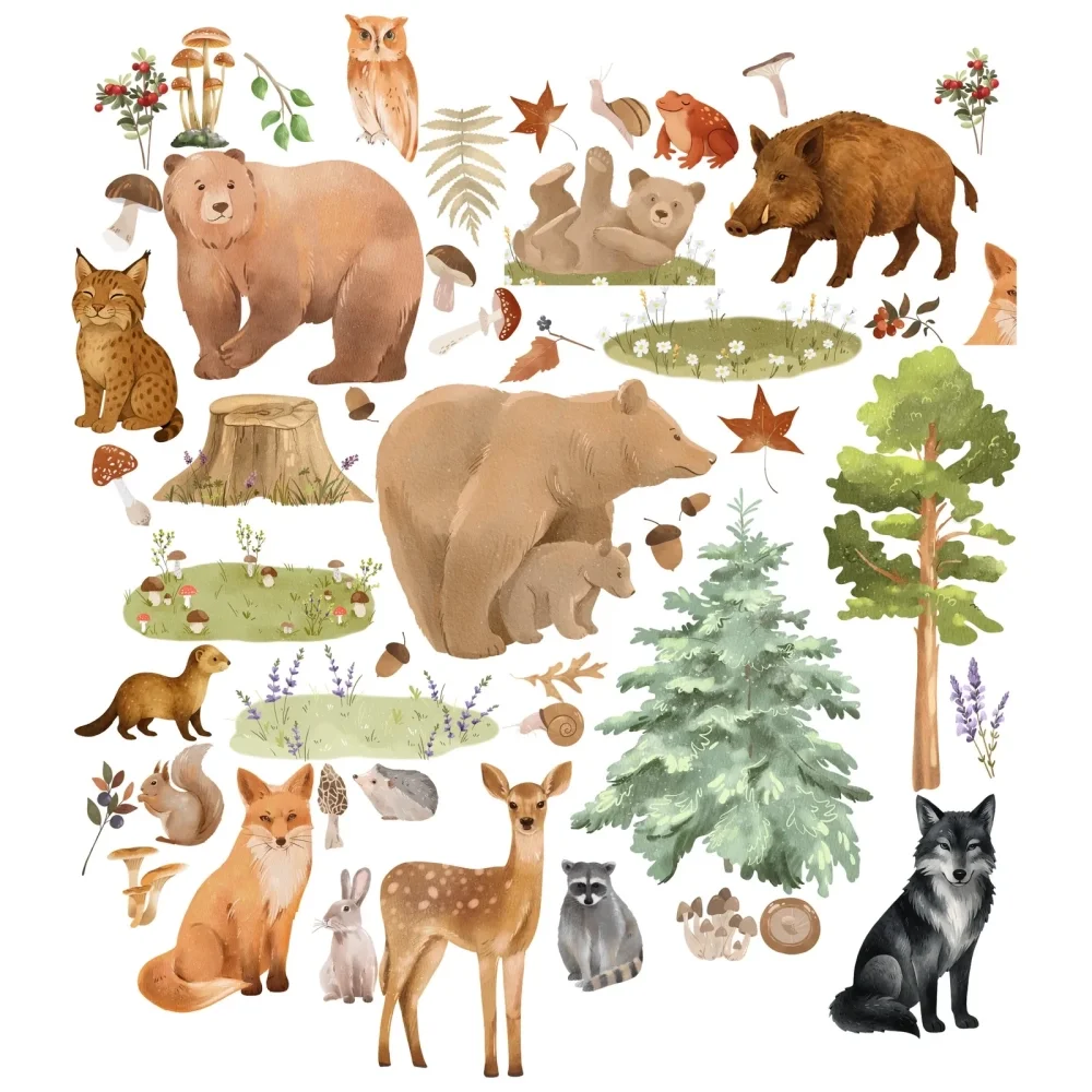 Promotional Print Stickere perete Animale din Padure pentru camera copilului autocolant textil premium repozitionabil set mare