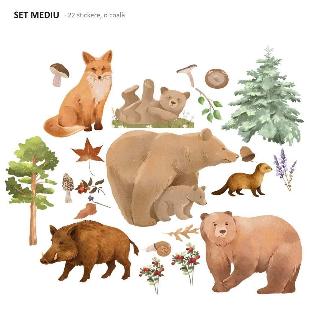 Promotional Print Stickere perete Animale din Padure pentru camera copilului autocolant textil premium repozitionabil set mediu