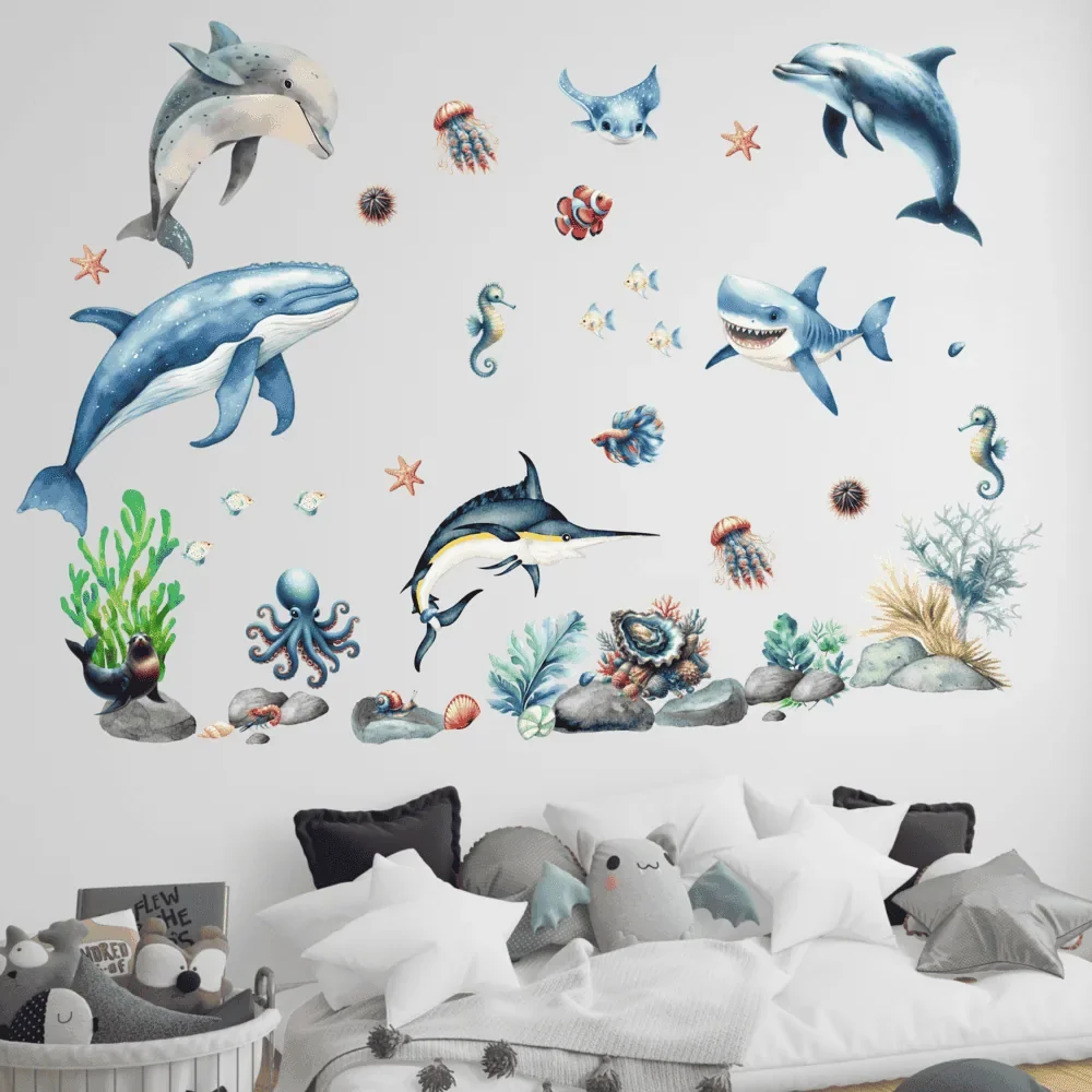 Promotional Print Stickere perete Animale Marine pentru camera copilului autocolant textil premium repozitionabil set mare