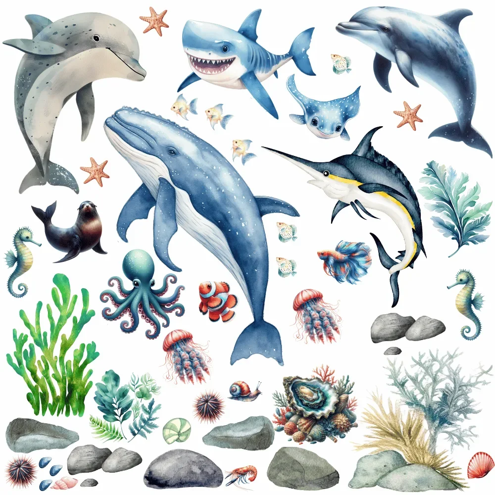 Promotional Print Stickere perete Animale Marine pentru camera copilului autocolant textil premium repozitionabil set mare