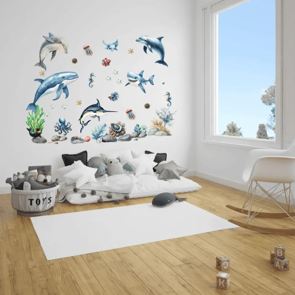 Promotional Print Stickere perete Animale Marine pentru camera copilului autocolant textil premium repozitionabil set mare