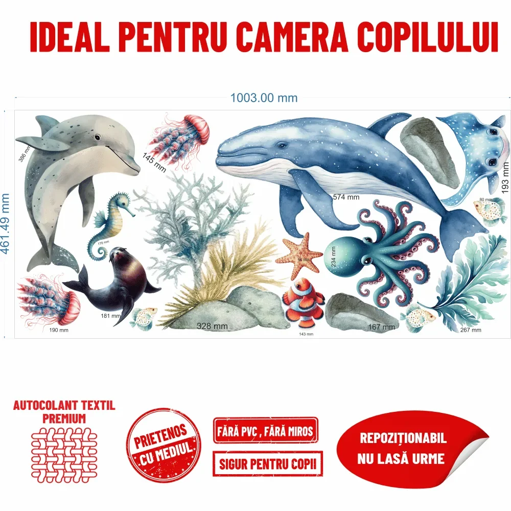 Promotional Print Stickere perete Animale Marine pentru camera copilului autocolant textil premium repozitionabil set mare