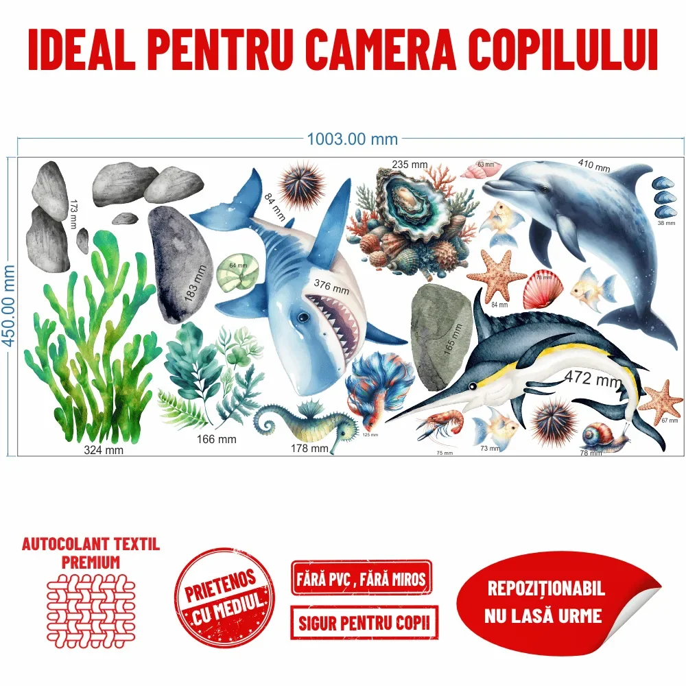 Promotional Print Stickere perete Animale Marine pentru camera copilului autocolant textil premium repozitionabil set mare