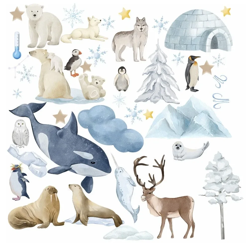 Promotional Print Stickere perete Animale Polare pentru camera copilului autocolant textil premium repozitionabil set mare