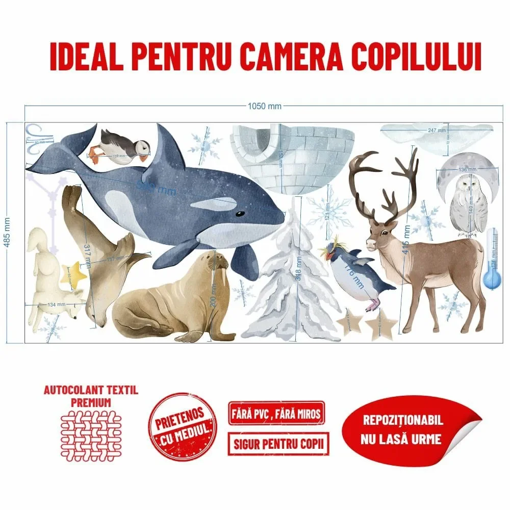 Promotional Print Stickere perete Animale Polare pentru camera copilului autocolant textil premium repozitionabil set mare