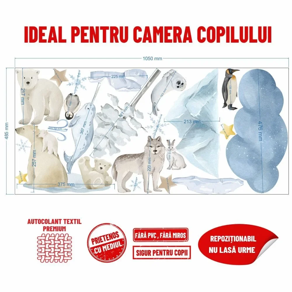 Promotional Print Stickere perete Animale Polare pentru camera copilului autocolant textil premium repozitionabil set mare