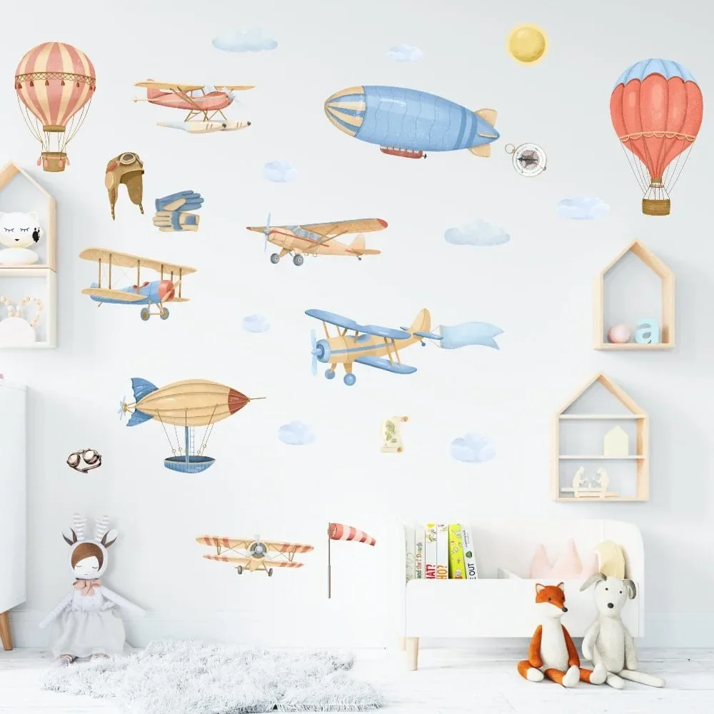 Promotional Print Stickere perete Aviatie pentru camera copilului autocolant textil premium repozitionabil set mare